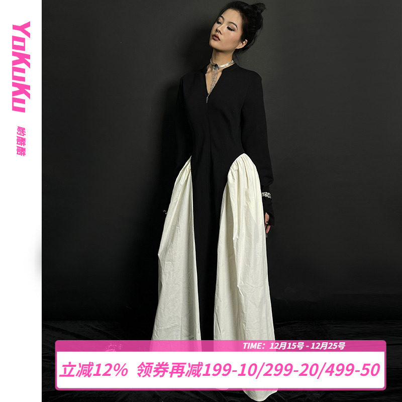 小众设计黑白撞色法式连衣裙