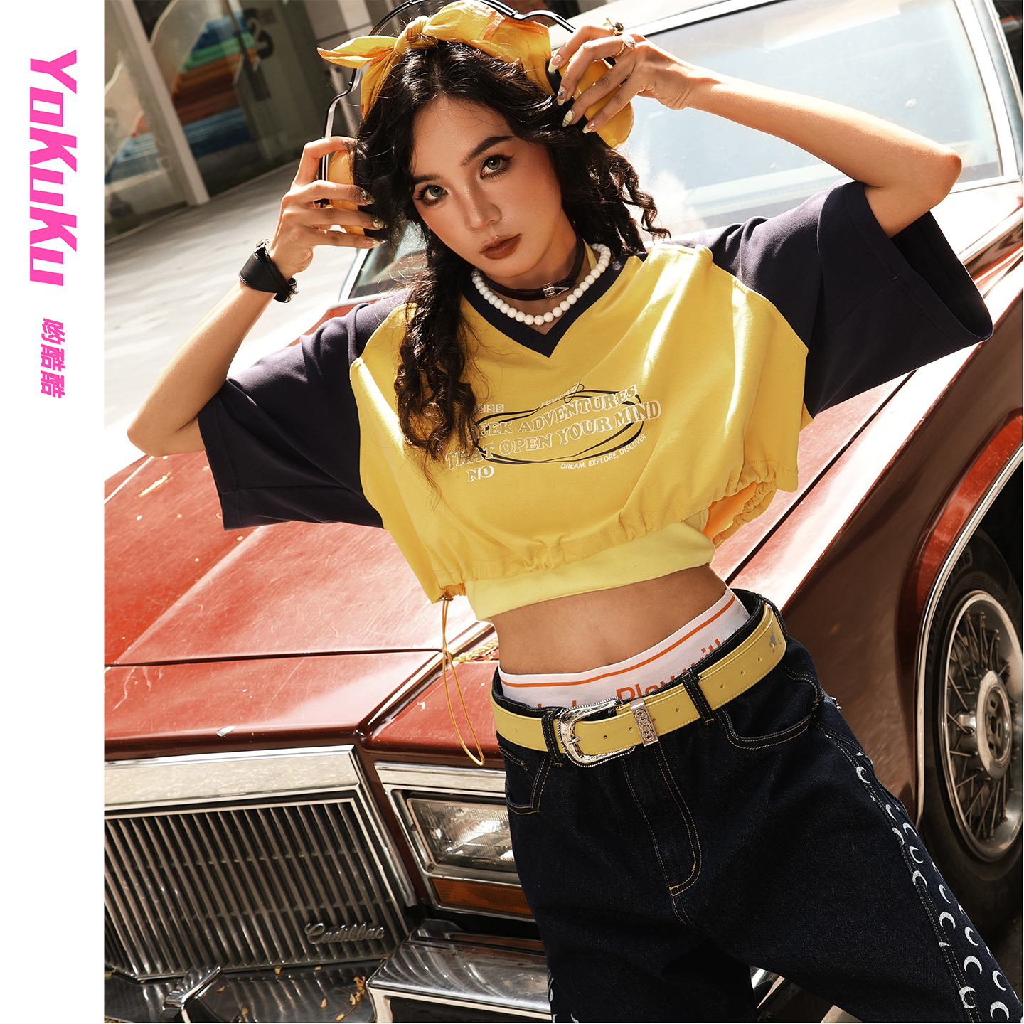 哟酷酷宽松显瘦露腰短袖T恤女