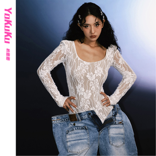 哟酷酷（叛逆天使）小众设计感大领口蕾丝连体衣修身显瘦上衣女