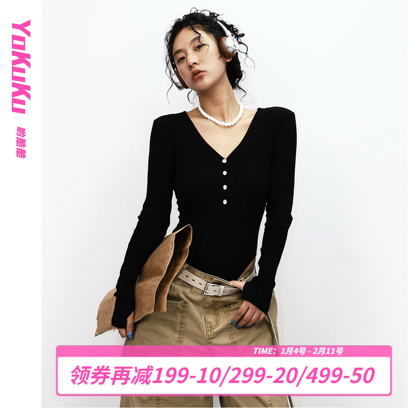 哟酷酷（回归本我）美式复古深V领上衣女修身显瘦内搭长袖连体衣,女装/女士精品,连体衣/裤,淘宝优惠券,粉丝福利购,淘宝优惠卷