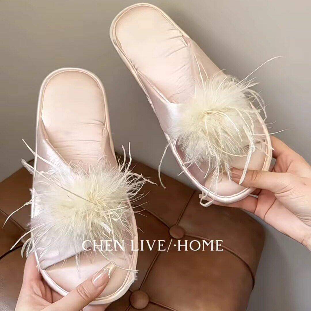 新款法式家居女款拖鞋结婚伴娘新娘晨袍拍照毛毛拖婚礼高级一字拖
