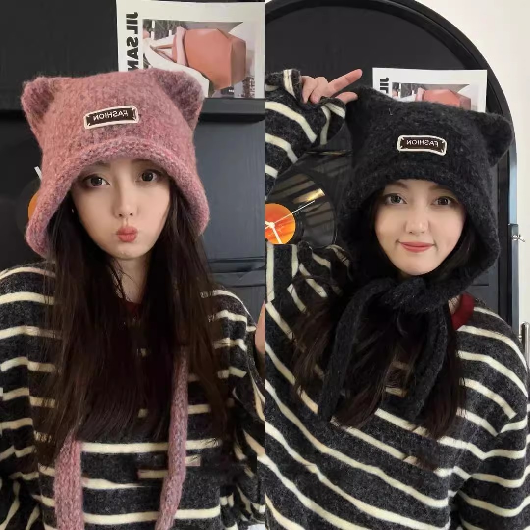 帽子女款2025新款秋冬款小熊耳朵护耳毛绒针织保暖显脸小包头帽