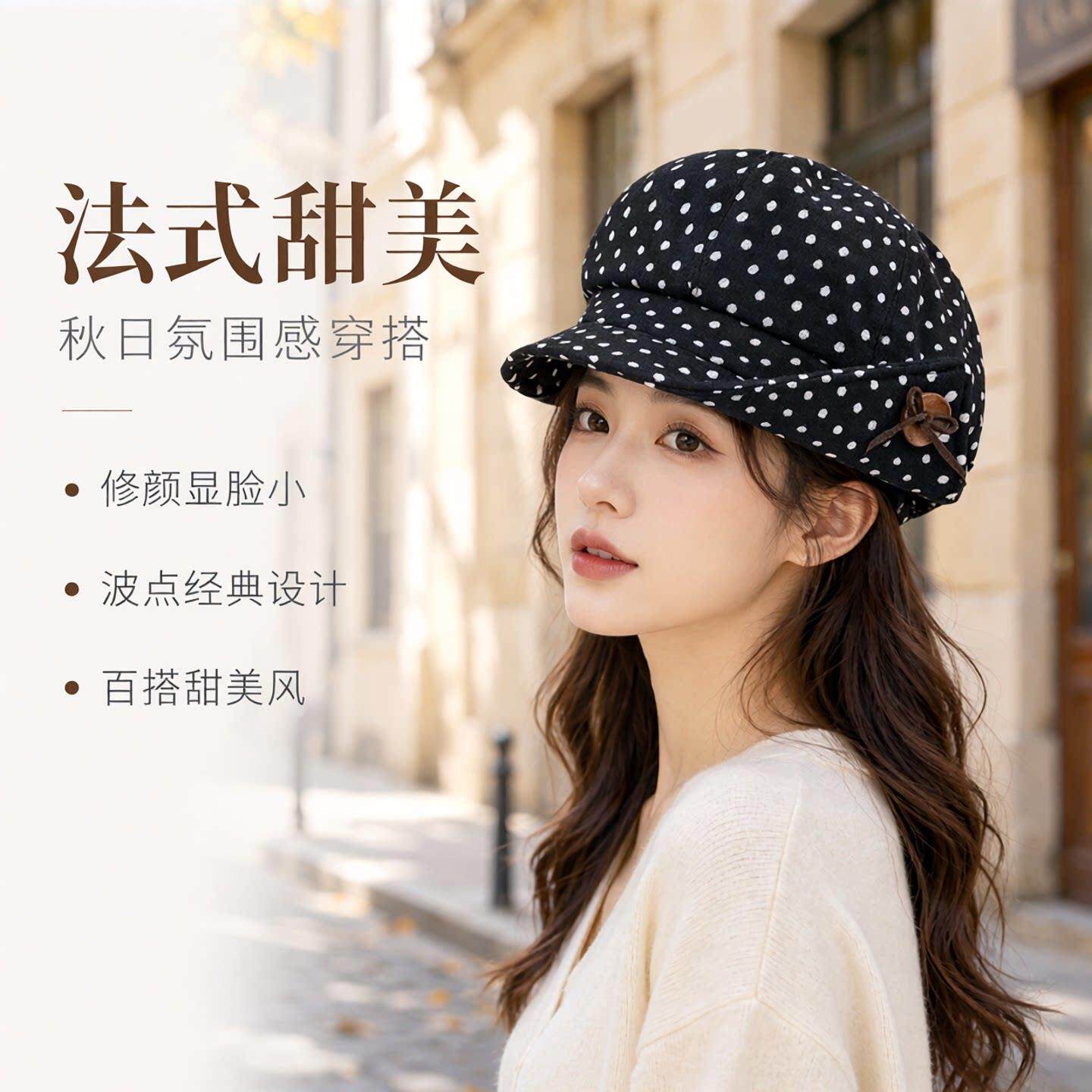 波点蝴蝶结纽扣翻檐八角帽秋季帽子女款甜美可爱百搭显脸小贝雷帽