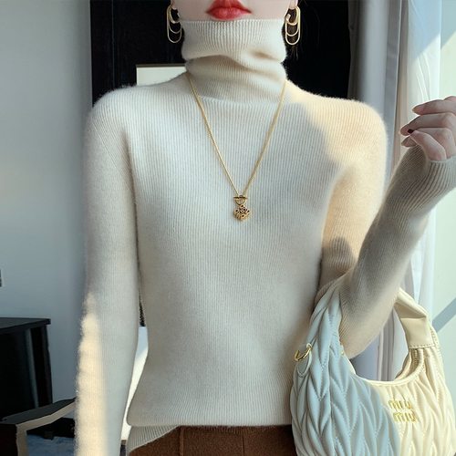 100%纯羊毛打底衫女秋冬季内搭堆堆领修身高级感上衣无缝高领毛衣