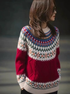 费尔岛提花100%纯羊毛绒衫女欧货重工扭花秋冬宽松慵懒风加厚毛衣