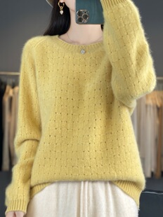 100%纯羊毛衫女圆领毛衣镂空华夫格提花针织衫宽松减龄洋气打底衫