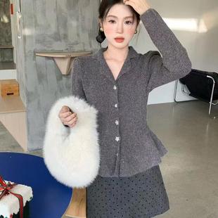 秋冬新款高级感小香风气质收腰显瘦V领泡泡袖针织开衫女毛衣外套