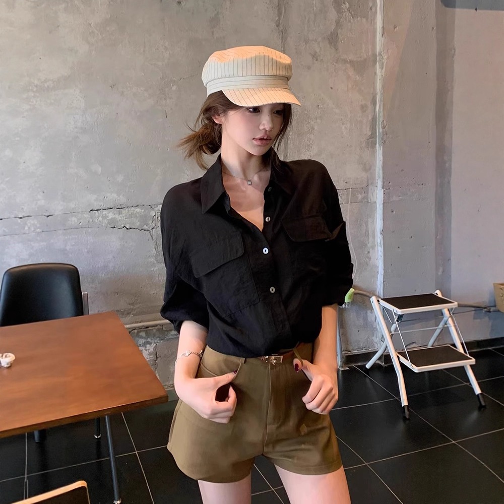 寻果法式小众黑色衬衫女早秋上衣