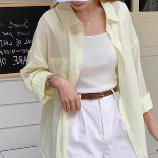 淡黄色温柔气质长袖衬衫女夏季新款韩版宽松百搭防晒衬衣外套薄款