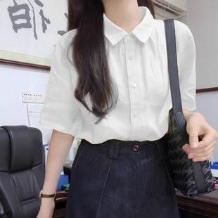 上衣 法式 气质亚麻Polo领短袖 衬衫 女夏正肩宽松白色衬衣棉麻五分袖