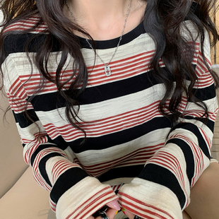 慵懒宽松显瘦上衣 圆领长袖 条纹T恤女秋季 2025新款 设计感小众美式