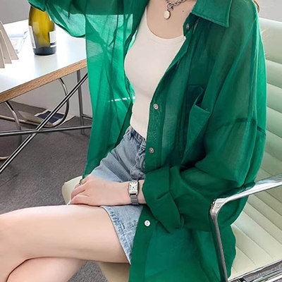 墨绿色衬衫女小个子2025年新款纯色长袖衬衣宽松防晒衫薄款上衣夏