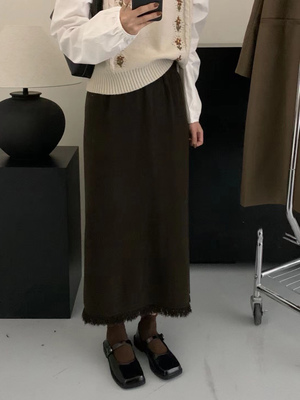 寻果流苏毛边开叉针织半身裙女潮
