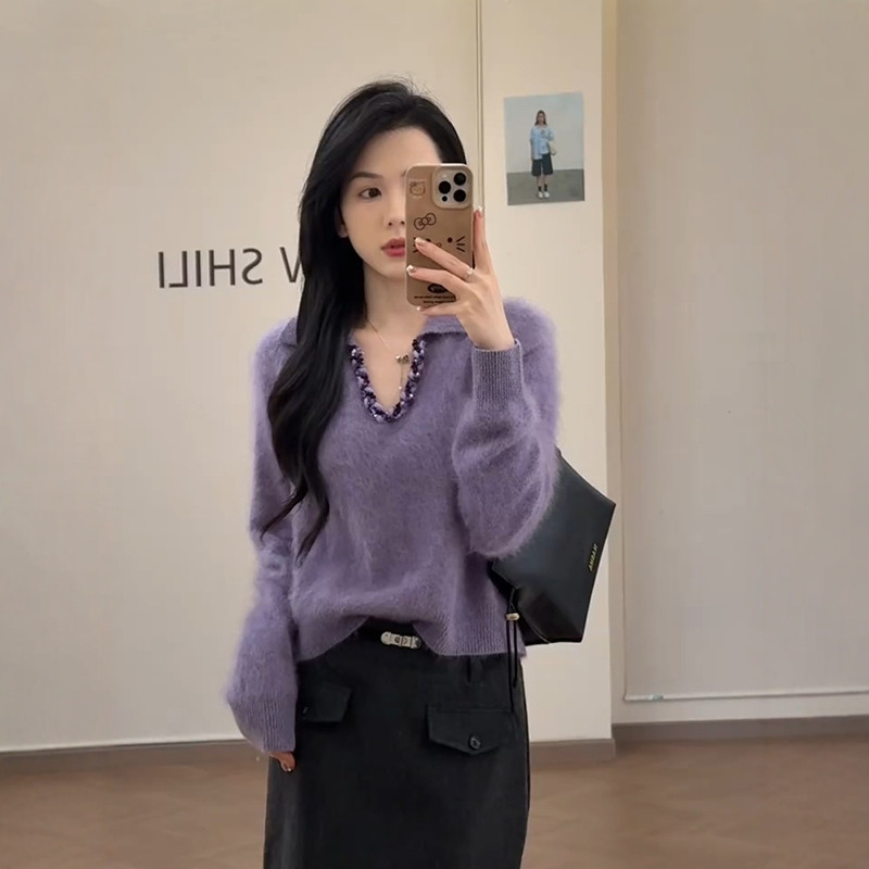 韩系V领马海毛秋冬软糯针织衫女