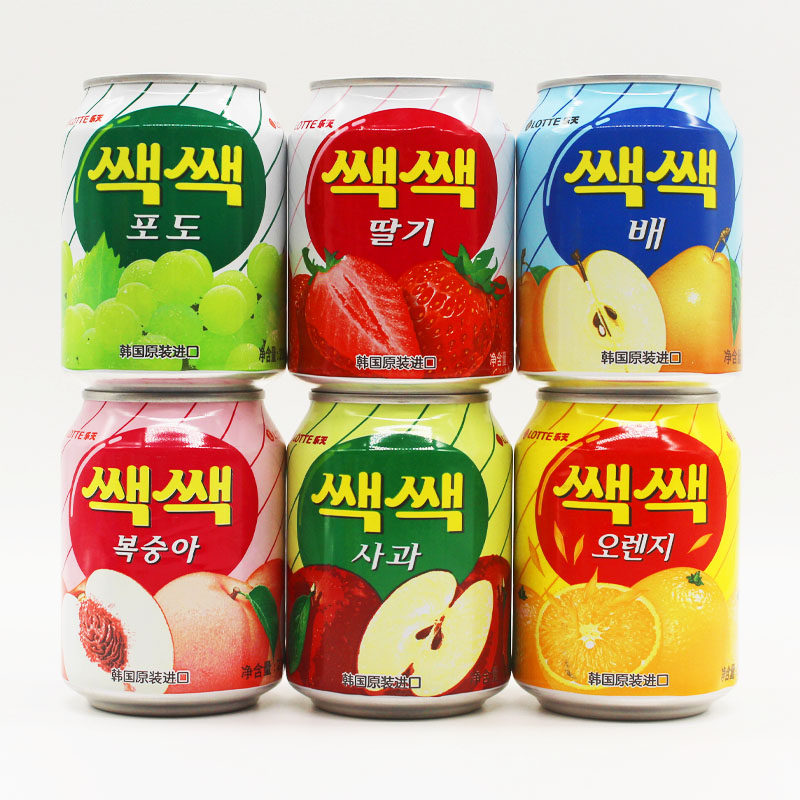 lotte韩国乐天果汁饮料238ml罐装草莓粒粒橙葡萄汁桃汁苹果汁梨汁
