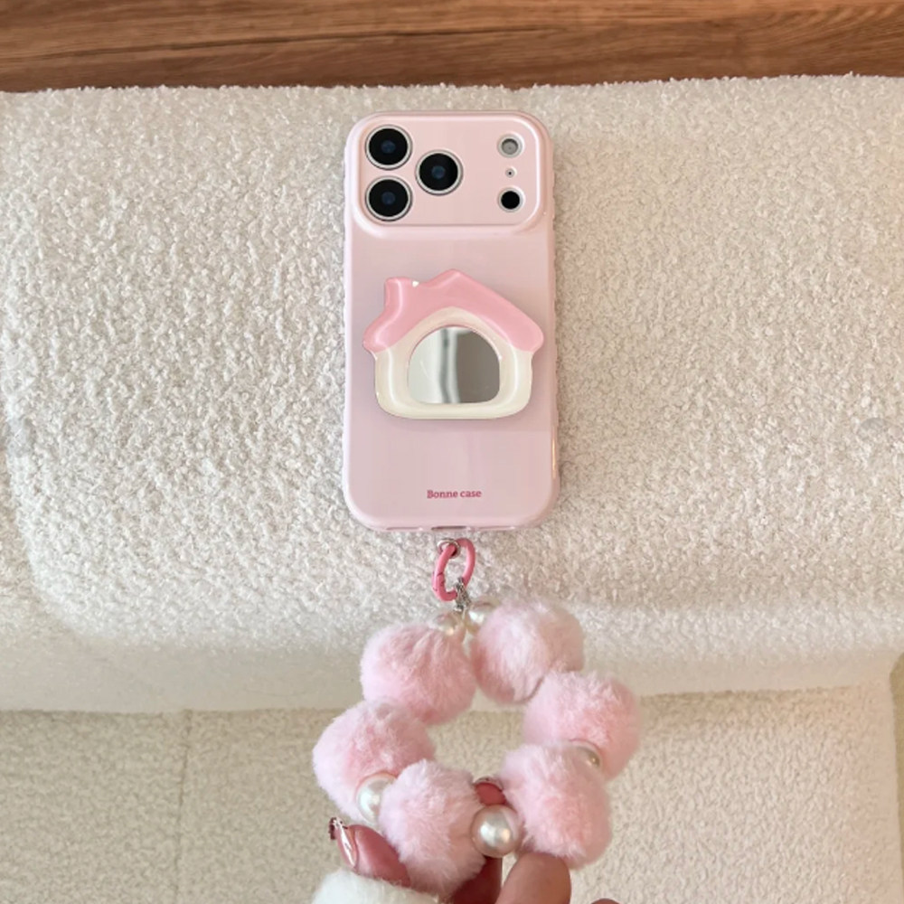 ins风少女心粉色小屋镜面支架适用苹果17promax手机壳iphone16pro新款15女款14小众韩系13全包软壳12毛绒挂链