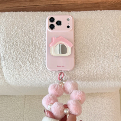 ins风少女心粉色小屋镜面支架适用苹果17promax手机壳iphone16pro新款15女款14小众韩系13全包软壳12毛绒挂链