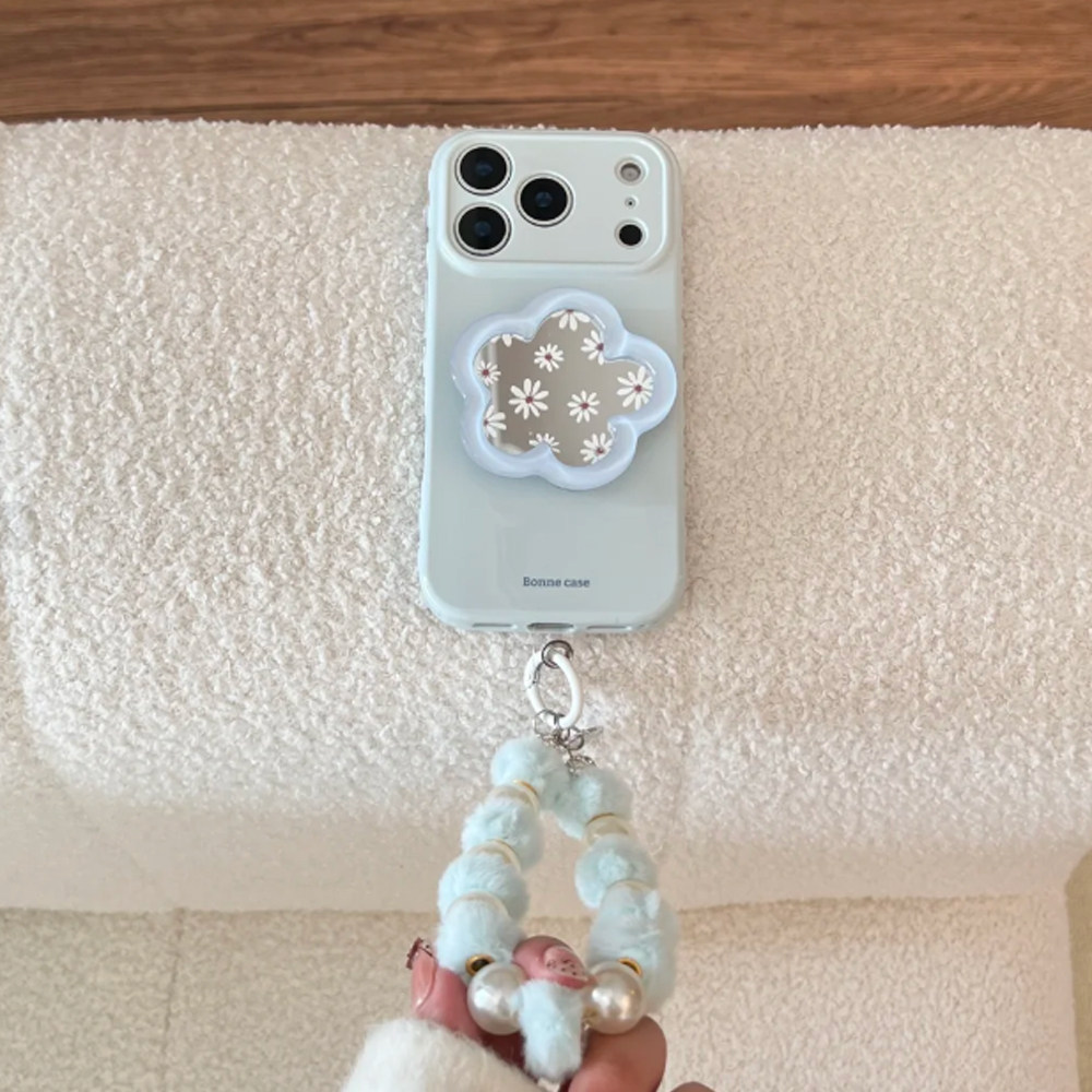 ins风气质蓝色雏菊花朵镜面支架适用苹果17promax手机壳iphone16pro新款15女款14小众个性13全包软壳12挂链