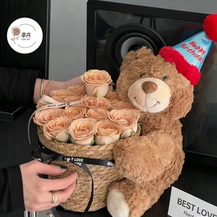 仙子之吻花篮生日小熊泰迪熊抱抱桶鲜花束插花桶花艺包装插花花篮