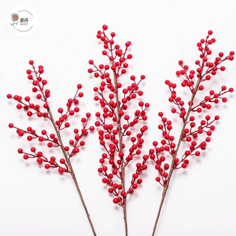 发财果仿真花摆设新年福桶插花红果子北美冬青客厅假花干花装饰