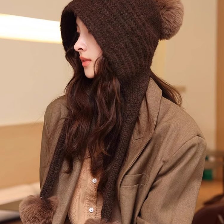 秋冬时尚毛线护耳防寒百搭骑车加厚保暖可爱毛球卷边帽子女秋冬潮