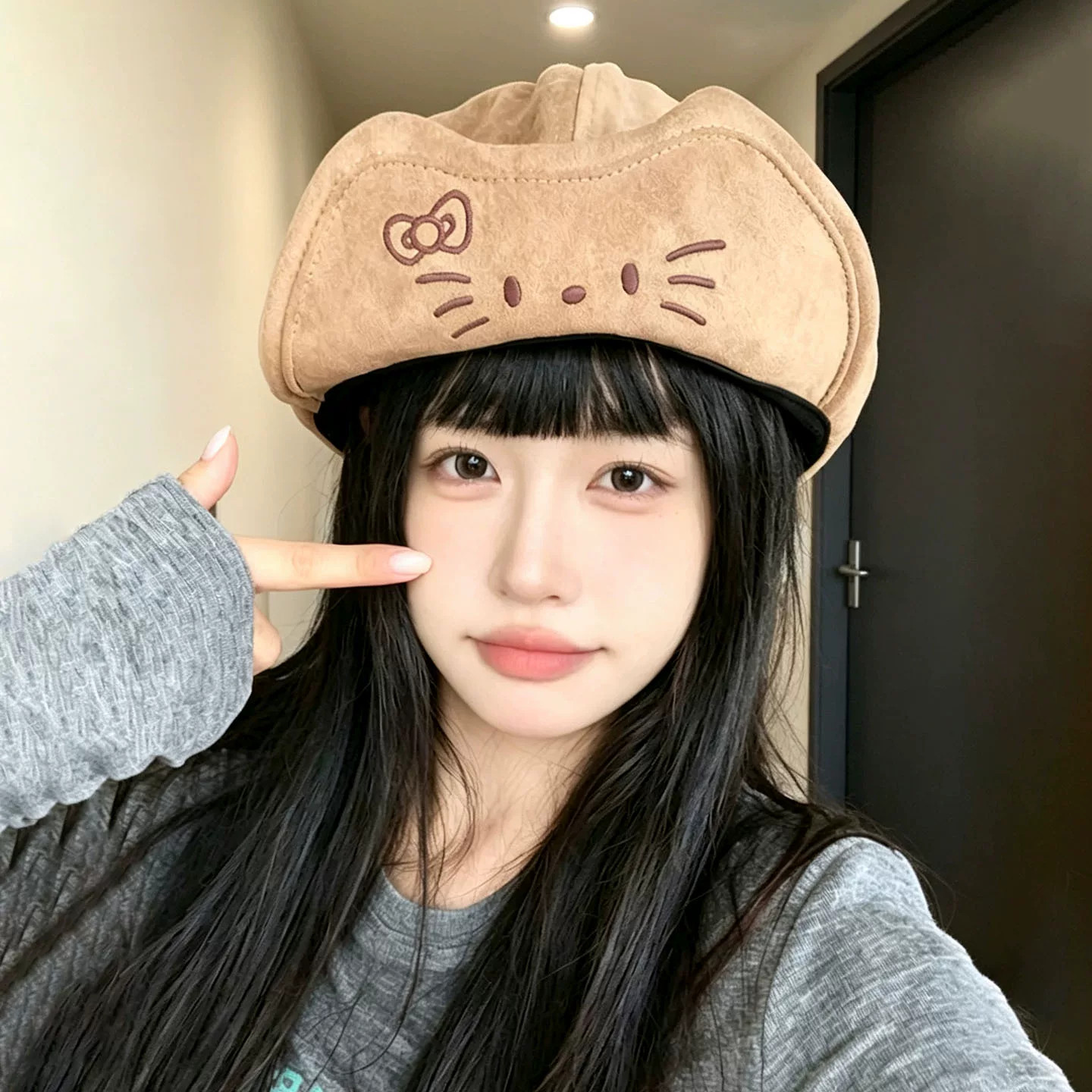 可爱猫耳云朵八角帽显脸小女款