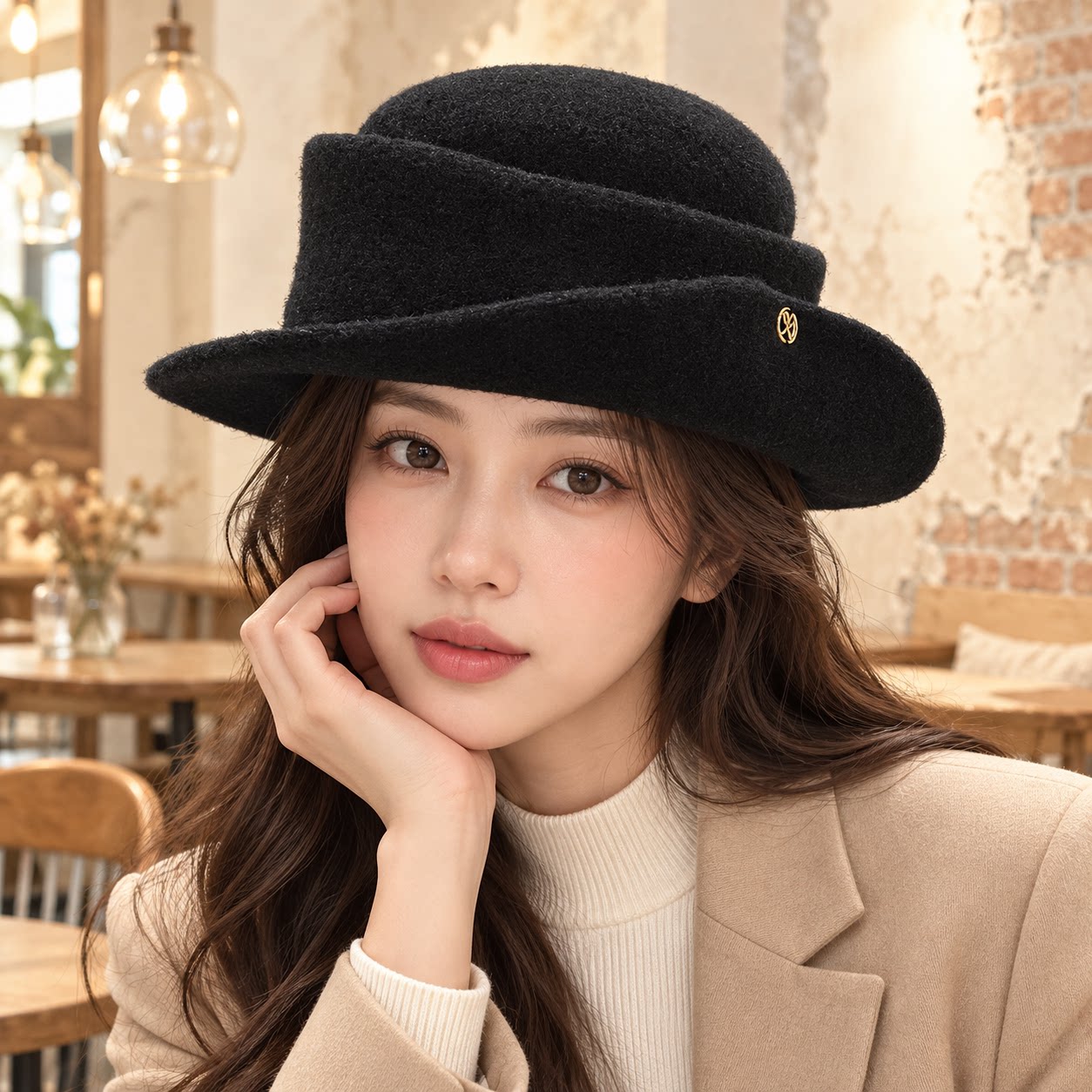 法式赫本风优雅黑色礼帽女秋冬复古显脸小卷边千金毛呢帽子渔夫帽