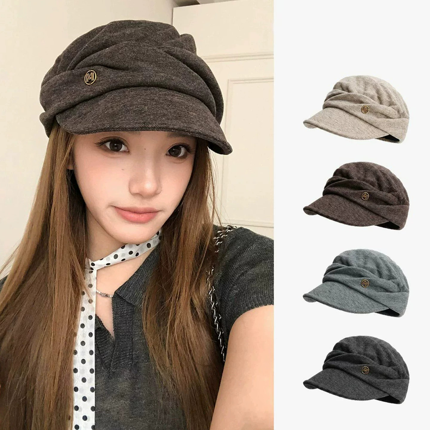 日系复古褶皱马术帽女秋季新款百搭文艺画家帽休闲显脸小贝雷帽子
