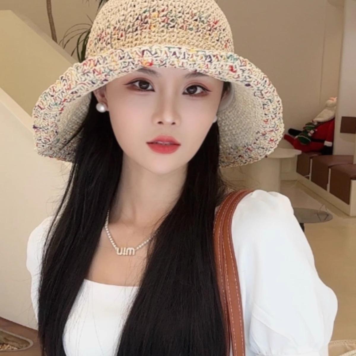 彩虹编织草帽2025新款防晒遮阳帽