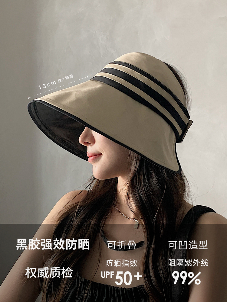 日本黑胶防紫外线空顶帽子女夏季时尚百搭大檐遮阳帽可折叠渔夫帽