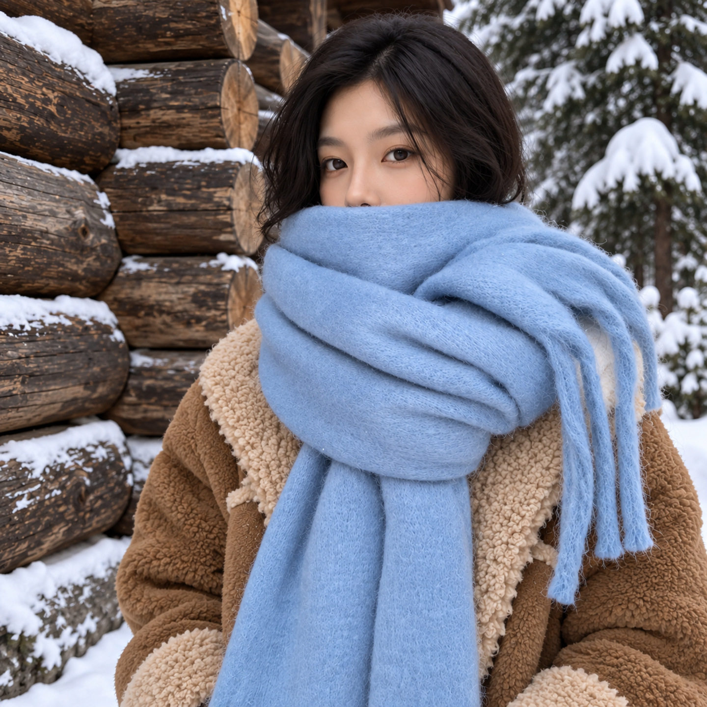蓝色围巾女冬季氛围感加厚保暖纯色防寒克莱因蓝温暖棉毛围脖披肩