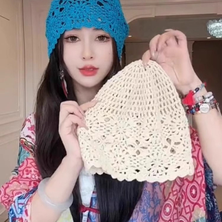 日系百搭手工钩花针织帽子女春季薄款复古文艺风镂空堆堆帽显脸小