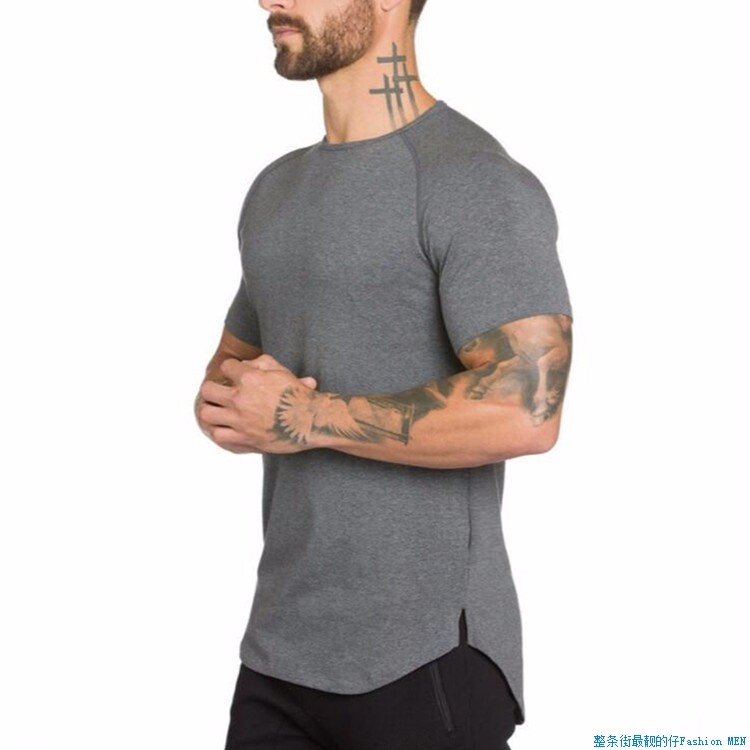 gym men t-shirt外贸纯色空白款健身男士长款透气运动T恤潮男修身