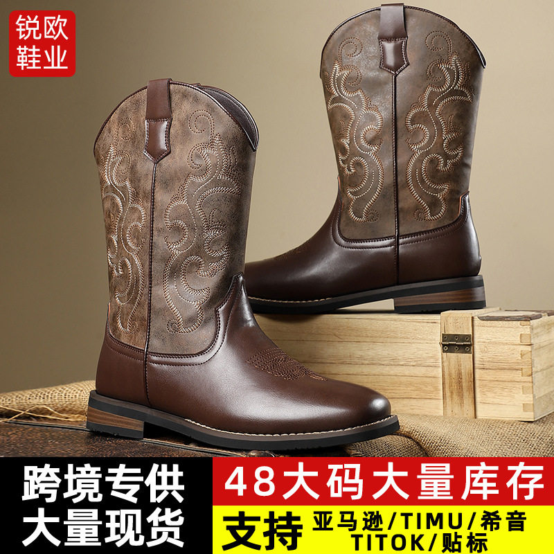men shoes boots男士中筒刺绣复古大码套筒多色骑士靴1688