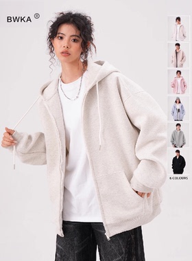 BWKA420G重磅卫衣外套女男潮牌宽松纯色百搭帽衫美式休闲情侣开衫