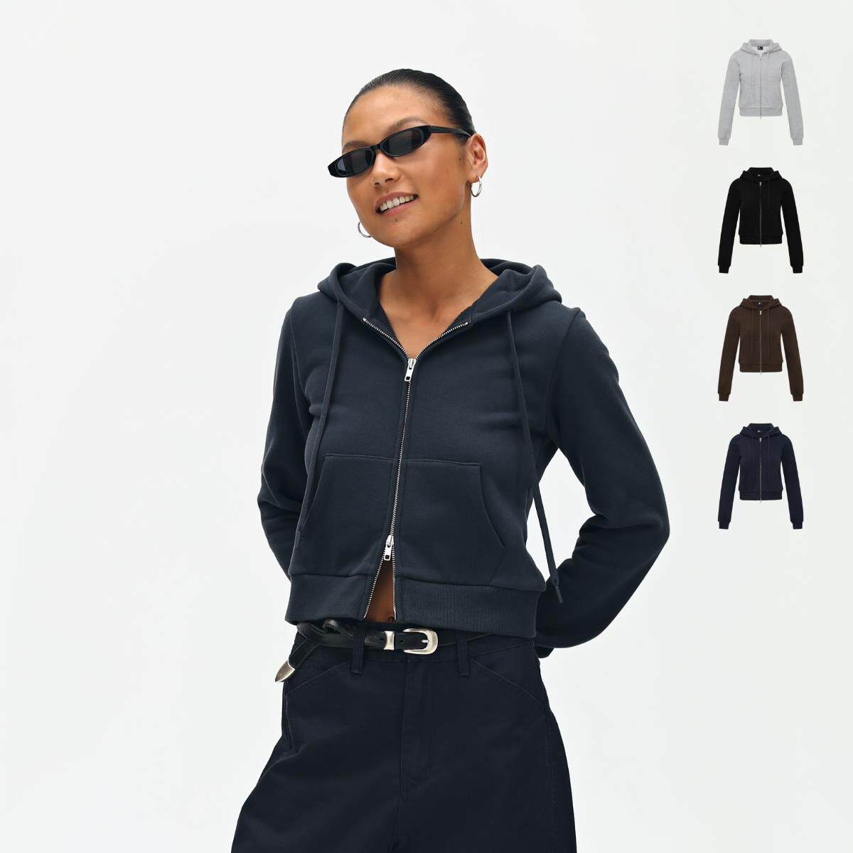 【董洁同款】oneup短款连帽卫衣女秋季美式户外运动修身开衫外套