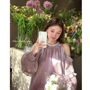 杨小卷法式缎面露肩挂脖连衣裙女宽松仙女度假蓬蓬裙生日小礼裙