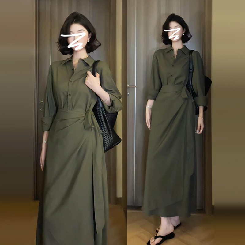 法式绿色长袖衬衫连衣裙子女装春季2025新款开春气质穿搭收腰长裙