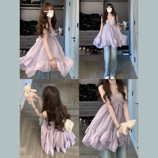海边度假紫色吊带连衣裙子女装夏季2025春季新款开春气质穿搭短裙