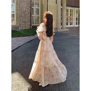 法式 春秋温柔气质超仙度假长裙 浪漫方领碎花连衣裙夏仙女2024新款