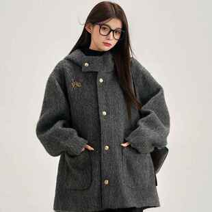 高级感连帽呢子大衣女2024冬季 羊毛呢外套 小个子羽绒内胆灰色短款