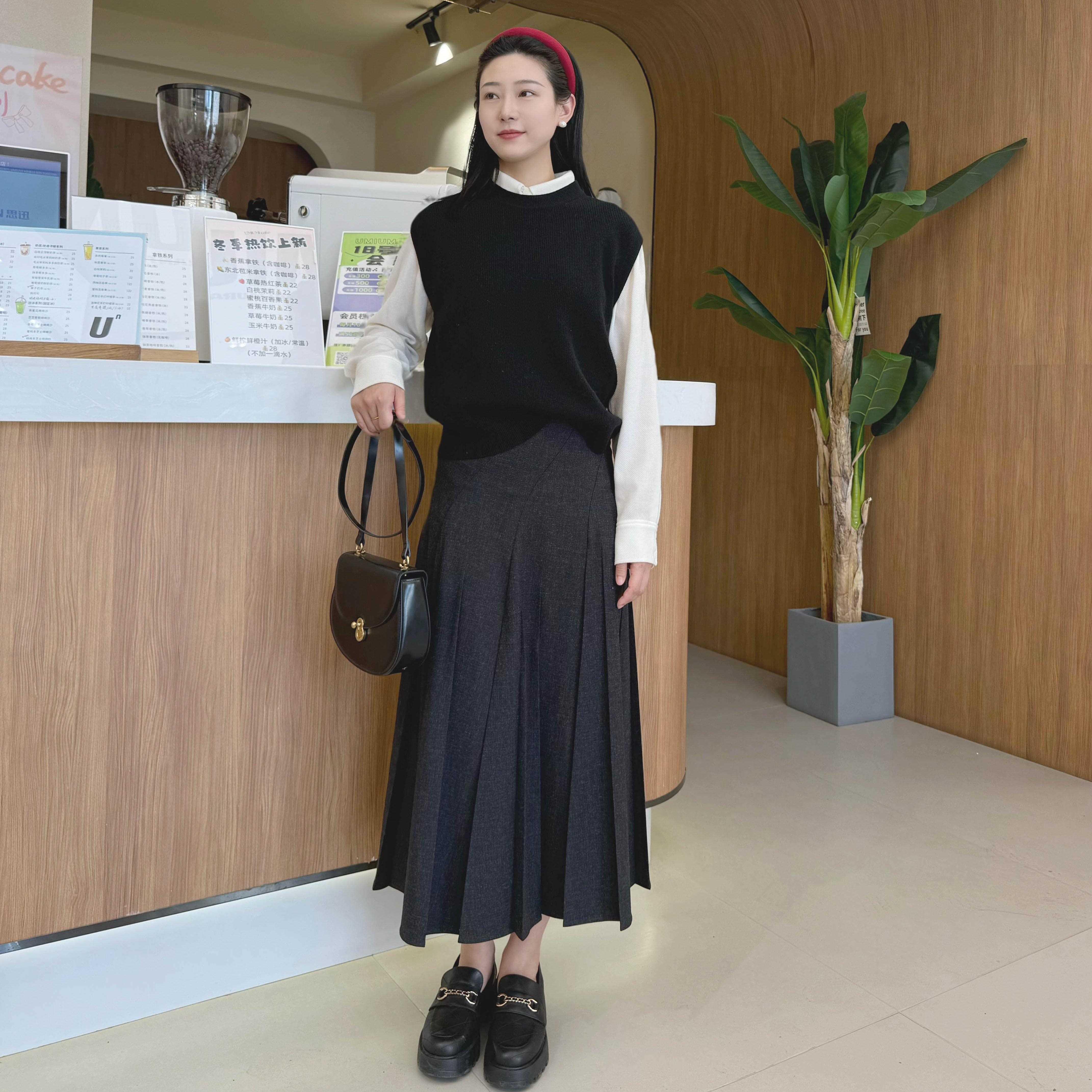 ESWN STUDIO 2025春季新款百搭A字百褶长裙半身腰裙女