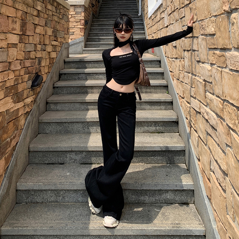 ZRZV【美式vibe风】黑色百搭微喇裤女早秋修身低腰阔脚马蹄牛仔裤
