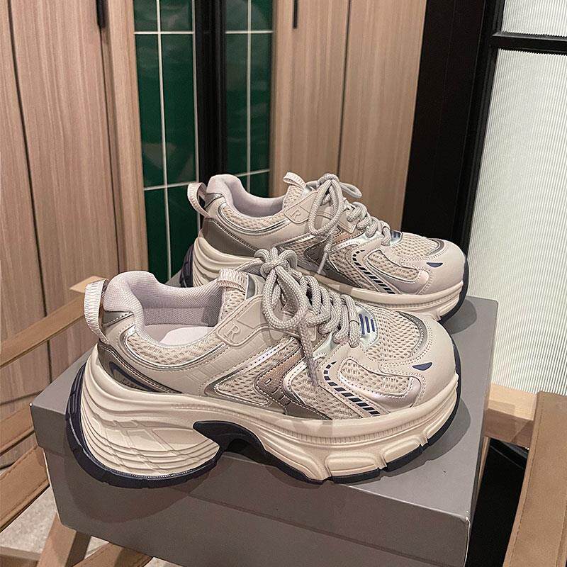 LOFTIME2024AU17新品秋季款6.5CM减震防滑厚底网布女士运动老爹鞋