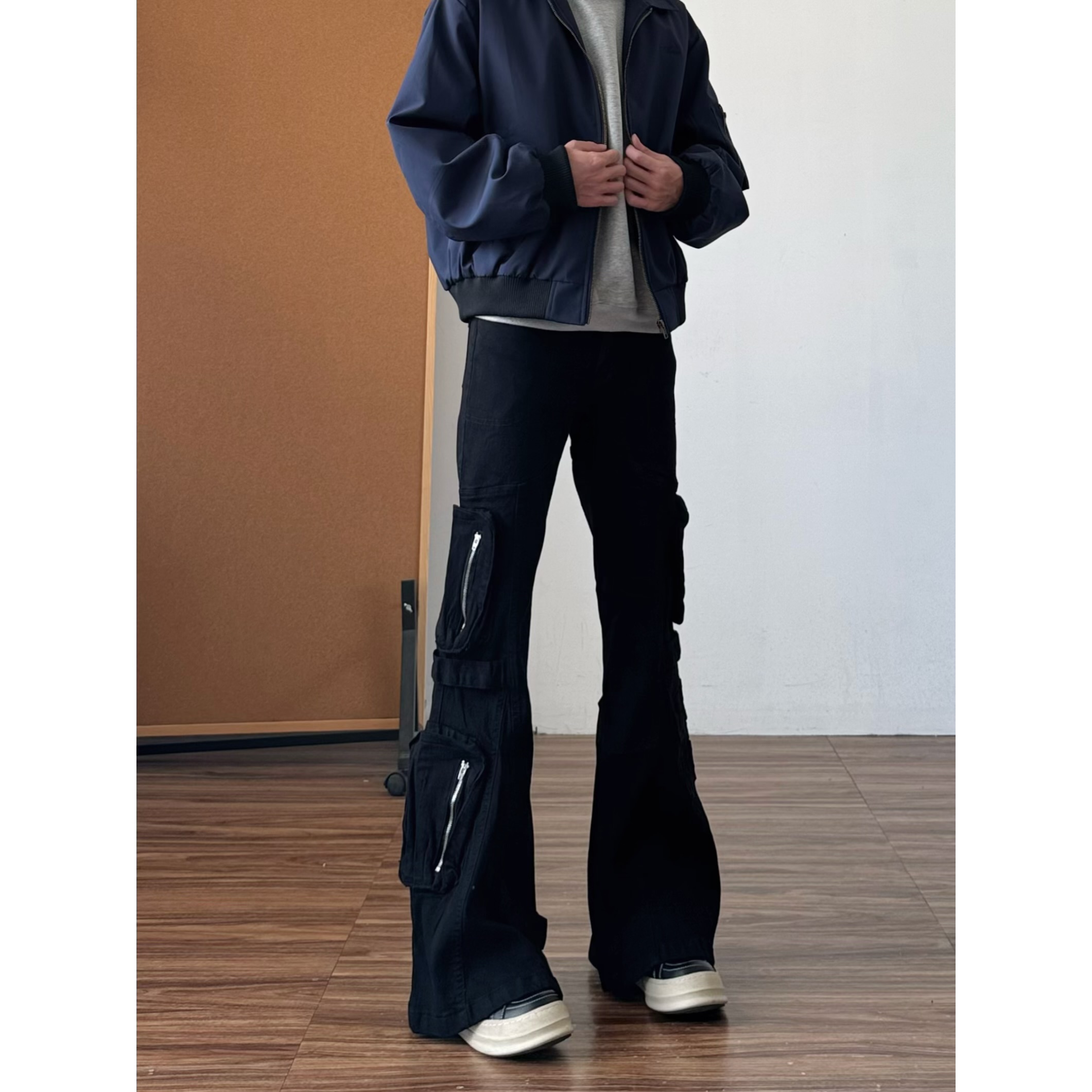美式高街微喇黑色工装牛仔裤