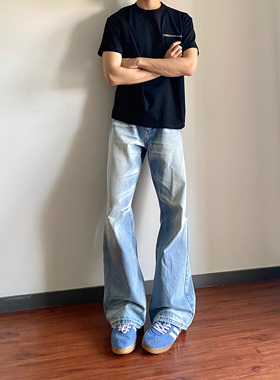 猫须蓝色微喇牛仔裤男cleanfit美式高街直筒宽松阔腿裤子长裤秋季