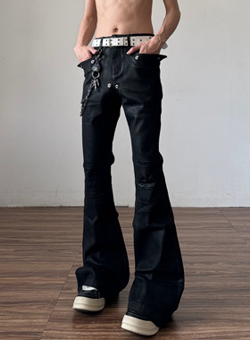 ro刷蜡褶皱微喇牛仔裤男美式高街铆钉视觉系黑色直筒设计感裤子亚