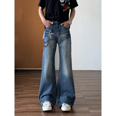 马煜美式复古水洗微喇牛仔裤男cleanfit直筒宽松阔腿裤子拖地长裤