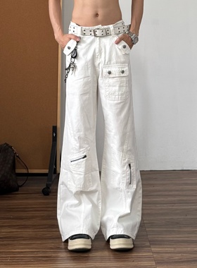 白色直筒微喇牛仔裤男潮美式宽松阔腿休闲高个子加长工装喇叭裤子