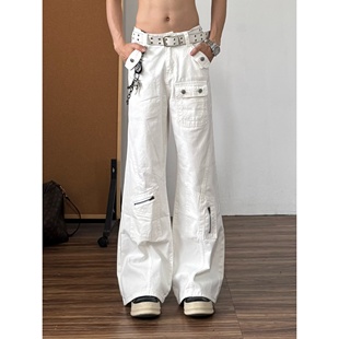 白色直筒微喇牛仔裤男潮美式宽松阔腿休闲高个子加长工装喇叭裤子